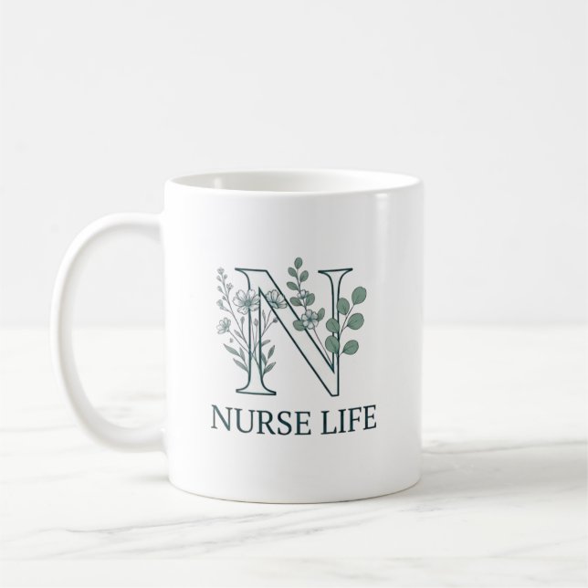 Floral Nurse Life Monogram N Coffee Mug (Left)