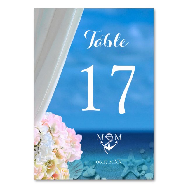 Floral Ocean Beach Summer Wedding Table Number (Front)