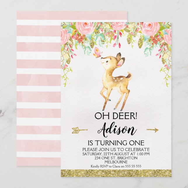 Floral Oh Deer Any Age Birthday Party Invitation (Front/Back)
