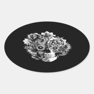 Floral Ohm Skull Illustration in black and white. Oval Sticker