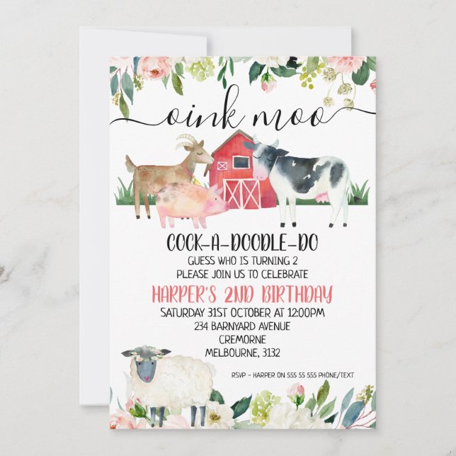Floral Oink Moo Farm Animals Birthday Invitation (Front)