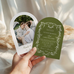 Floral Olive Green Garden Monogram Arched Wedding Invitation
