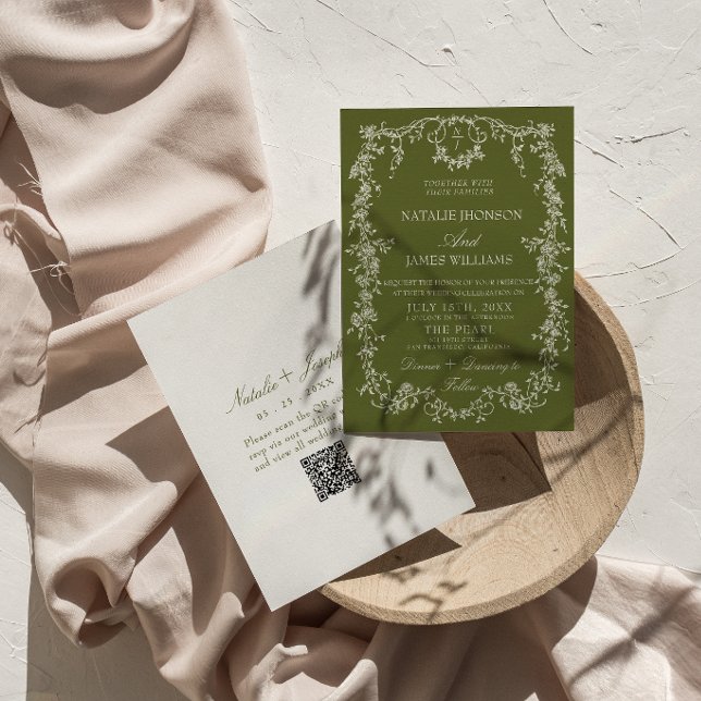 Floral Olive Green Garden QR Code Retro Wedding Invitation (Creator Uploaded)