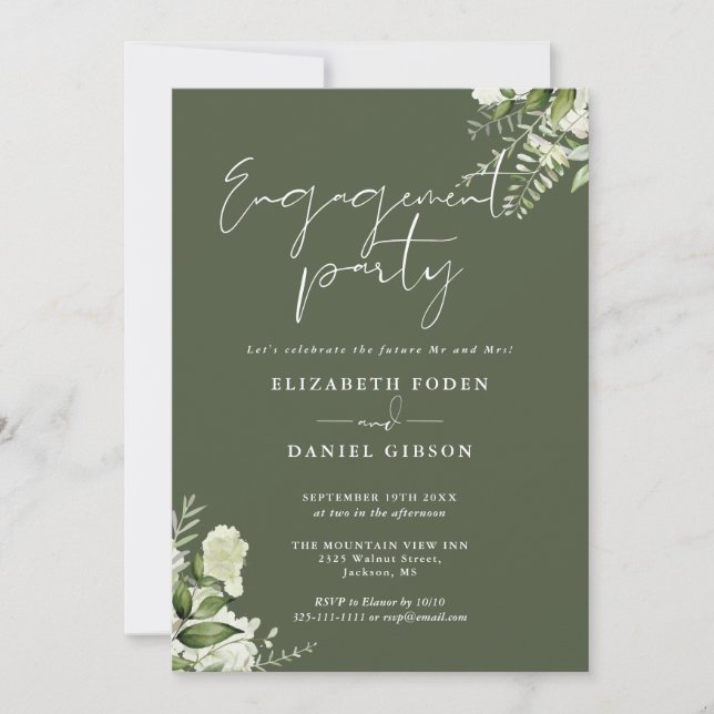Floral Olive Green Script Engagement Party Invitation (Front)
