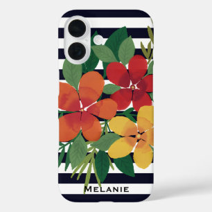 Floral on Black and White Stripes Personalised iPhone 16 Case