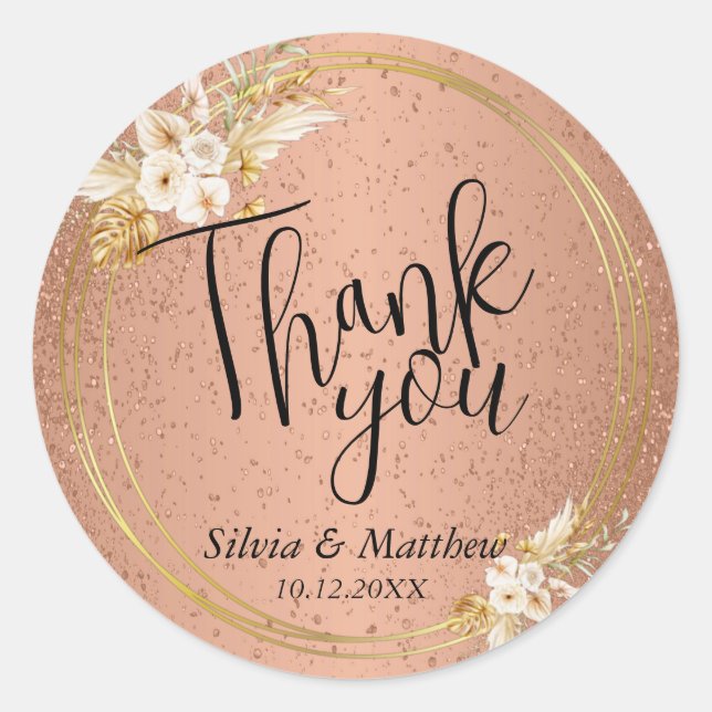 Floral On Coral Glitter - Thank You    Classic Round Sticker (Front)