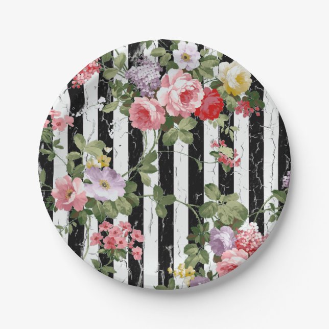 Floral on Weathered Black Stripe Paper Plate (Front)