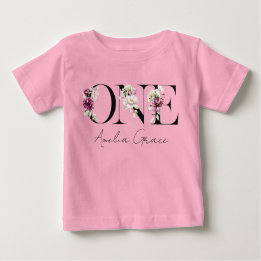 Floral ONE Baby Girl's 1st Birthday + Name Outfit T-Shirt