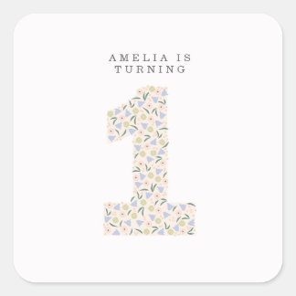 Floral One First Birthday Invite Square Sticker