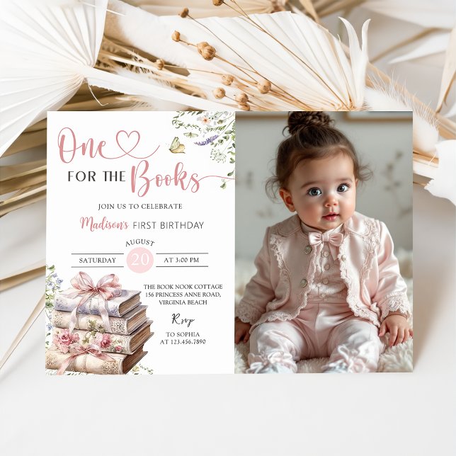 Floral One for the Books First Birthday Photo Invitation (Creator Uploaded)