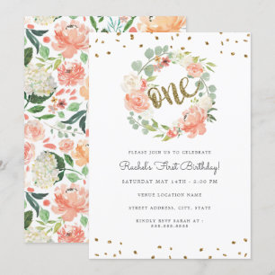Floral One Wreath Gold Peach First Birthday Invitation