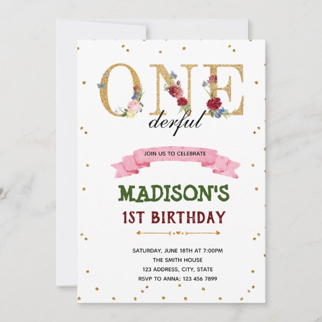 Floral ONEderful birthday invitation (Front)