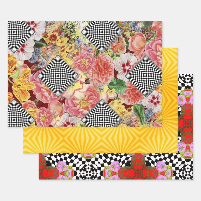 Floral Op-Art Sampler Wrapping Paper Sheet (Set)