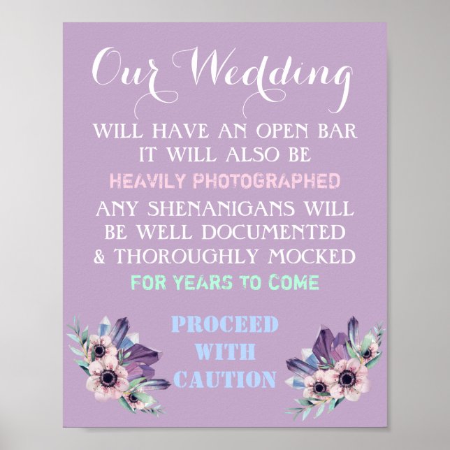 Floral Open Bar Wedding Sign Funny Any Colour (Front)