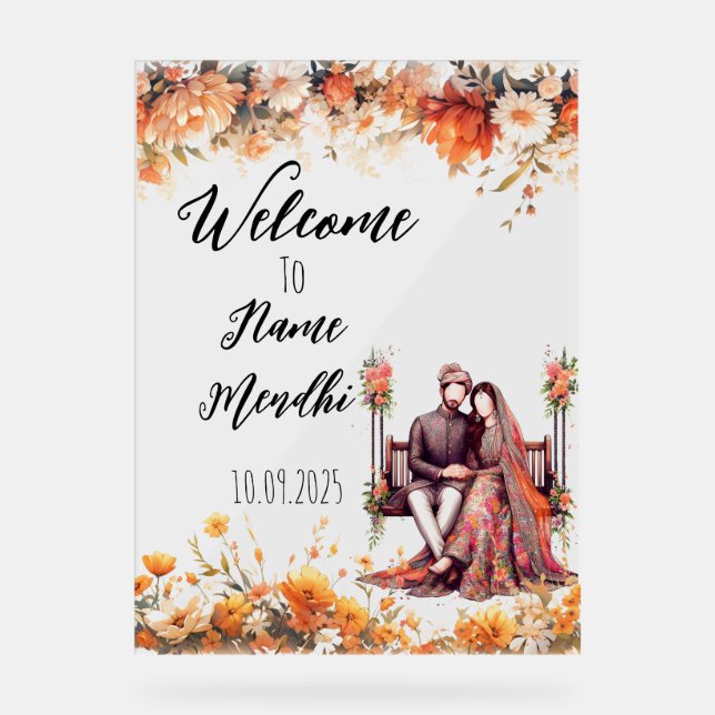 Floral orange acrylic Mendhi  sign  (Front)