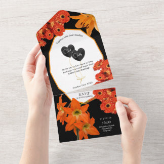 Floral Orange and Black Wedding All In One Invitation