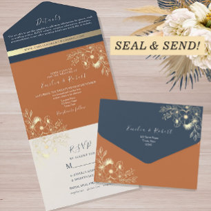 Floral Orange and Navy Blue Wedding All In One Invitation