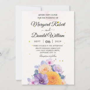 Floral orange and purple wedding invitations