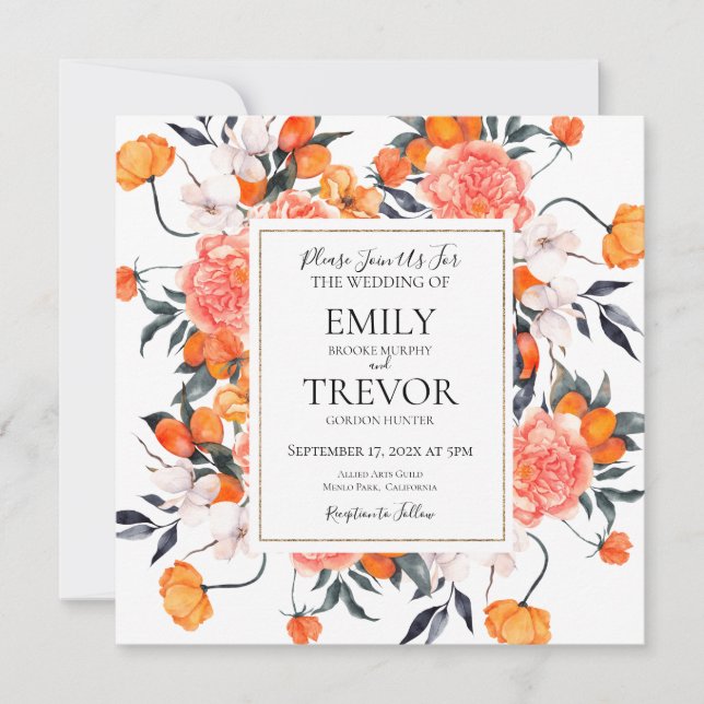 Floral orange and white wedding invitation (Front)