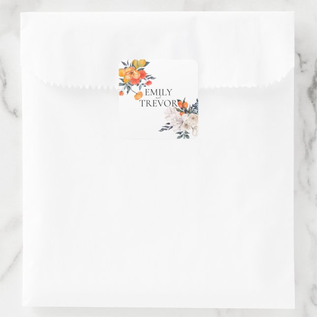 Floral orange and white wedding invitation square sticker (Bag)