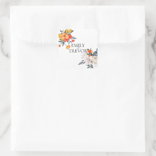 Floral orange and white wedding invitation square sticker