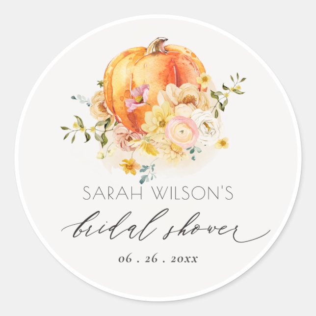 Floral Orange Autumn Pumpkin Bridal Shower Classic Round Sticker (Front)