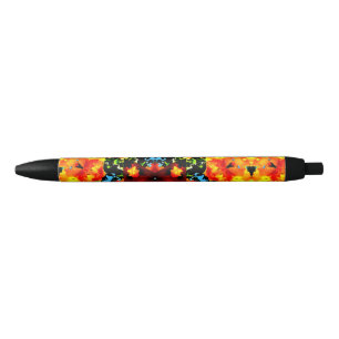 Floral Orange Black Ink Pen
