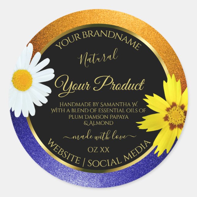 Floral Orange Blue Glitter Black Product Labels (Front)
