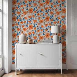 Floral Orange Blue Lily Botanical Pattern Wallpaper