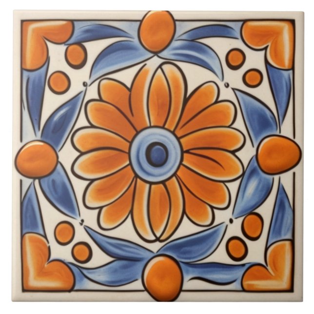Floral Orange & Blue Mediterranean Flower Tile (Front)
