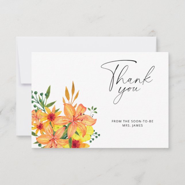 Floral orange bridal shower thank you card (Front)