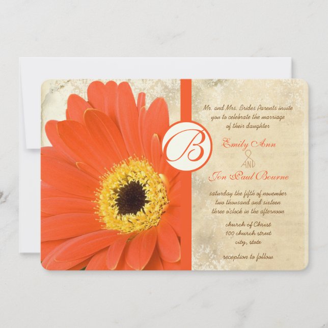 Floral Orange Coral Gerber Daisy Lace Wedding Invitation (Front)