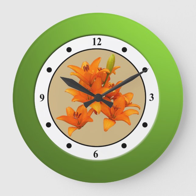 Floral Orange Garden Flower Modern Digits Large Clock (Front)