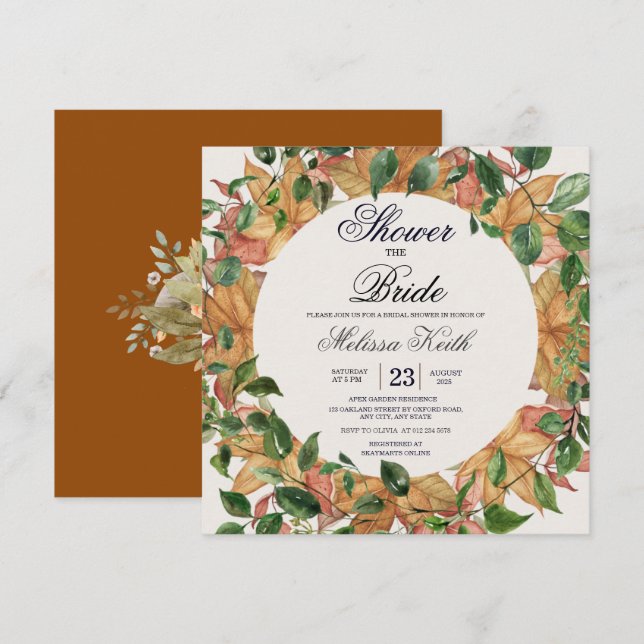 Floral Orange Greenery Watercolor Bridal Shower Invitation (Front/Back)
