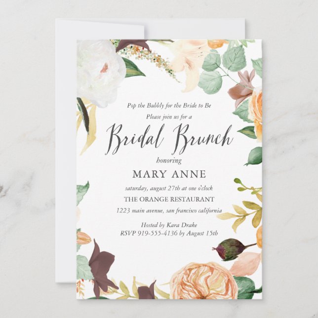 Floral Orange Late Summer Wedding Bridal Brunch In Invitation (Front)