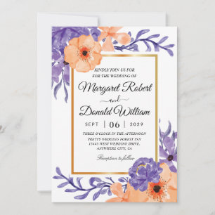 floral orange purple geometric wedding invitations