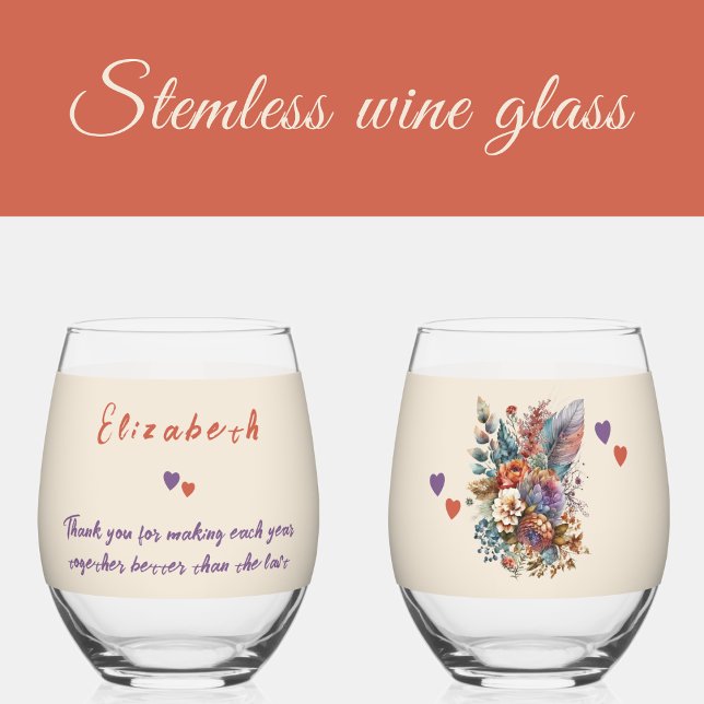 Floral orange purple wife anniversary gift stemless wine glass (Creator Uploaded)