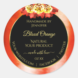 Floral Orange Red Marble Black Product Label Roses