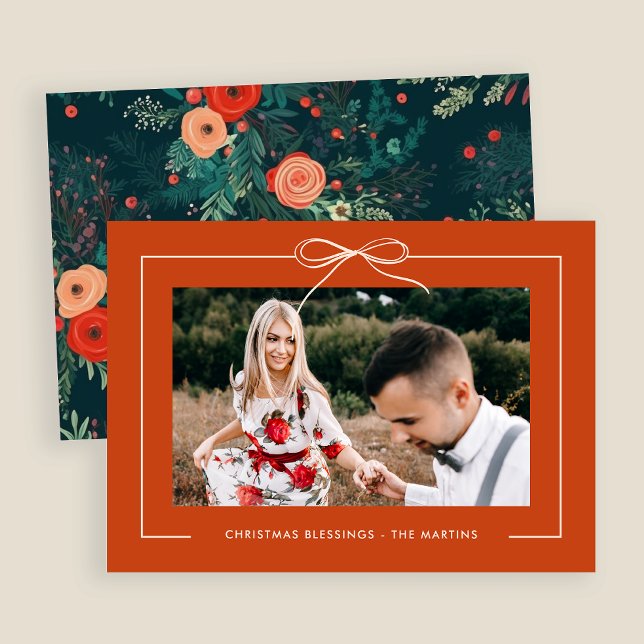 Floral Orange Ribbon Framed Photo Christmas  Holiday Card (Creator Uploaded)