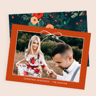 Floral Orange Ribbon Framed Photo Christmas  Holiday Card