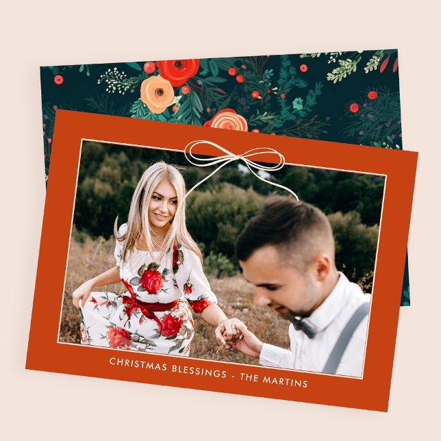 Floral Orange Ribbon Framed Photo Christmas  Holiday Card (Creator Uploaded)