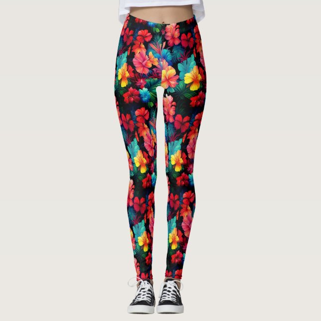 Floral Orange Tropical Flowers Leaves-66771 Leggings (Front)