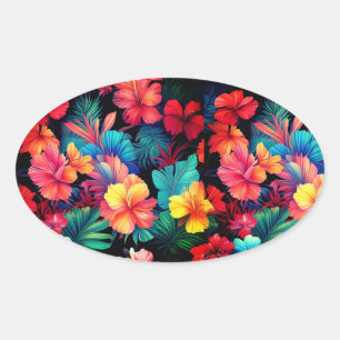 Floral Orange Tropical Flowers With Leaves Oval Sticker