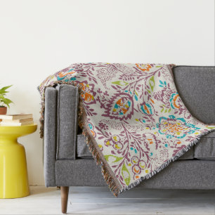 Floral Orange Turquoise Lime and Purple Pattern Throw Blanket