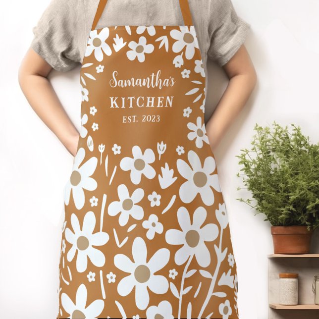 Floral Orange White Women's Apron (Whether you're baking, painting, or gardening, this personalized apron adds flowers to your day!)