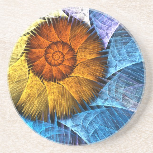 Floral Orange Yellow Blue Abstract Art Coaster (Front)