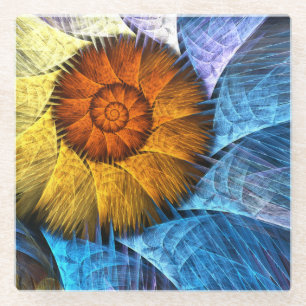 Floral Orange Yellow Blue Abstract Art Glass Coaster