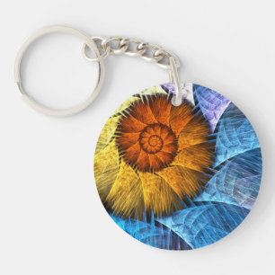 Floral Orange Yellow Blue Abstract Art Key Ring