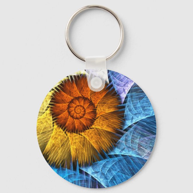 Floral Orange Yellow Blue Abstract Art Key Ring (Front)
