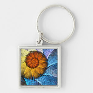 Floral Orange Yellow Blue Abstract Art Key Ring